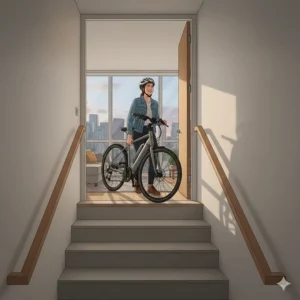 Illustration of a commuter easily carrying a lightweight city ebike up a flight of stairs into a modern Canadian apartment.