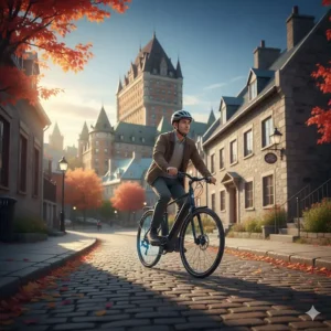 Illustration of a rider using pedal assist on a lightweight city ebike to effortlessly climb a steep urban hill.