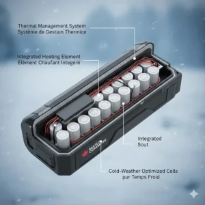 A technical diagram of a cold-weather resistant battery for a commuter ebike in Canada.