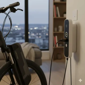 Illustration of an ebike battery charging, emphasizing the range needed for long commutes across sprawling Canadian cities.