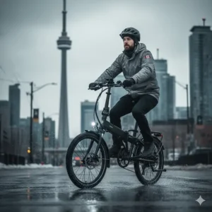 High-detail illustration of a removable ebike battery with text highlighting performance in cold Canadian climates.