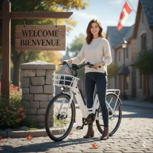 A female cyclist with a low-step ebike standing near a bilingual Canadian welcome sign.