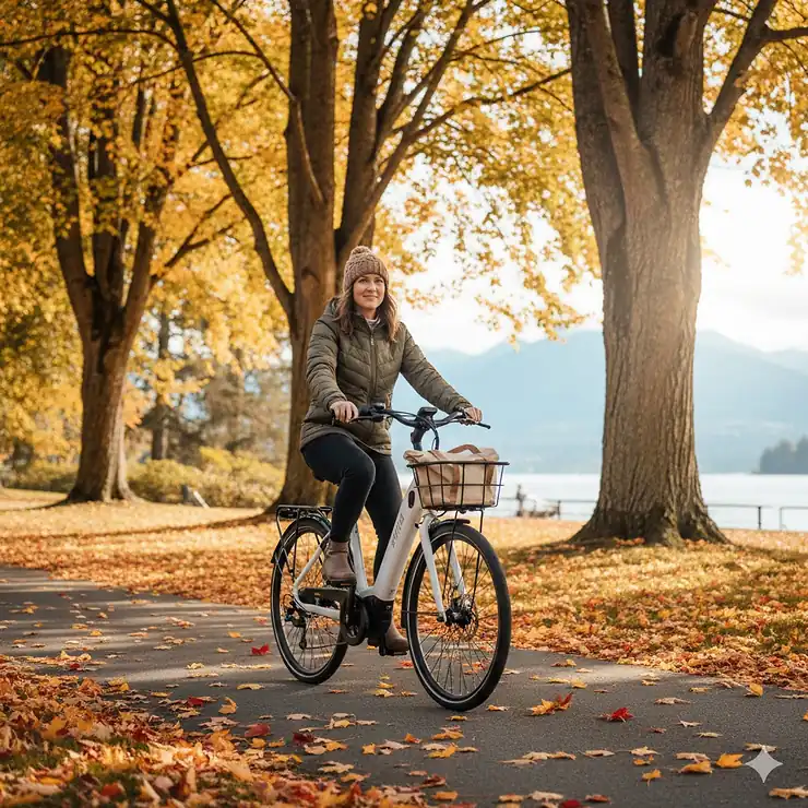 A woman enjoying a scenic ride on a white low-step ebike through a Canadian city park during autumn.
