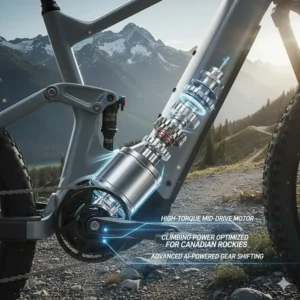 A technical diagram of a high-torque mid-drive motor, ideal for the steep hills of British Columbia and the Canadian Rockies.