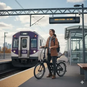 A commuter standing on a GO Transit platform in Ontario with a folded ebike, showcasing seamless multimodal travel.