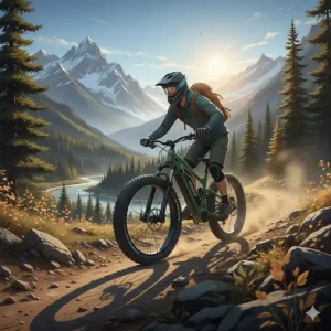 A rugged fat-tire electric bike tackling a dirt path in the Canadian Rockies, perfect for adventure-seeking electric bike brands in Canada.