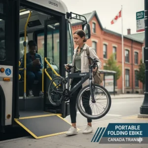A folded ebike being carried onto a public transit bus or train, a popular topic in city commuter ebike reviews.