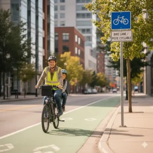 A cyclist safely operating a cargo electric bike in a dedicated Canadian bike lane with proper safety gear and Canadian road signage.