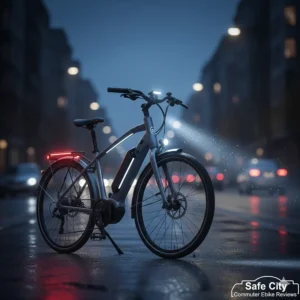 An ebike with integrated LED lights glowing at dusk, focused on safety features mentioned in city commuter ebike reviews.