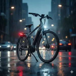 Illustration of a lightweight city ebike with bright integrated LED lights for high visibility during a rainy Canadian evening.