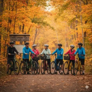 A group of seniors on easy mount ebikes gathered at a trailhead on the Trans-Canada Trail during the fall.