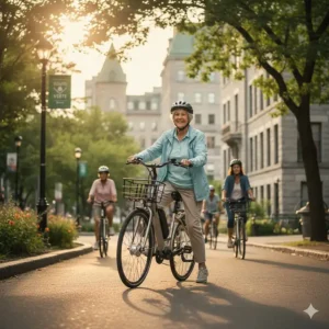 An older adult easily mounting a step-through ebike in an urban Canadian setting near a Route Verte sign.