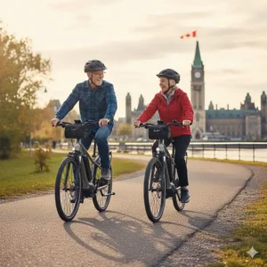 Two active seniors riding hybrid ebikes on a scenic road-to-gravel transition path near the Rideau Canal.