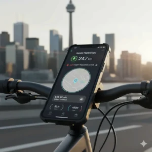 Illustration of a smart e-bike dashboard showing AI-powered range prediction, GPS anti-theft tracking, and smartphone integration for Canadian urban commuters.