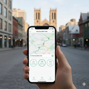 Illustration of a smartphone app syncing with a lightweight city ebike to provide GPS navigation through Montreal bike paths.