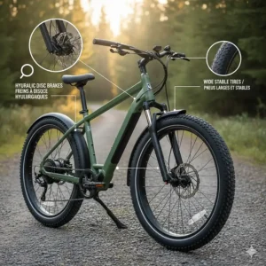 Diagram of an easy mount ebike showing wide tires and hydraulic brakes for senior safety on Canadian gravel trails.