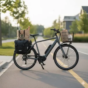Illustration of a step-through electric bike with a rear rack and panniers, ideal for grocery shopping and urban errands in Canada.