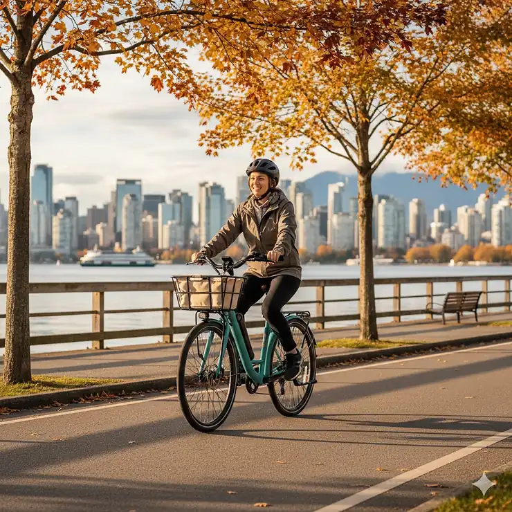 A person riding a comfortable step-through ebike along a scenic Canadian waterfront trail with the city skyline in the background.