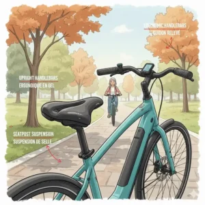 Close-up illustration of an ergonomic gel seat and upright handlebars on a comfortable step-through ebike.