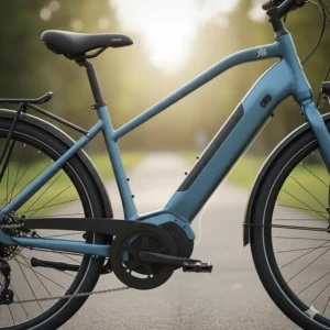 Close-up illustration of an ultra-low step-through frame on an ebike, designed for easy mounting by seniors with limited mobility.