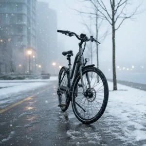 A step-through e-bike equipped with fenders and puncture-resistant tires for Canadian weather conditions, including rain and light snow.