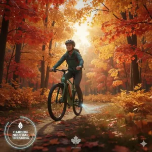 A minimalist illustration showing the low carbon footprint of electric hybrid bike trekking through Ontario’s maple forests.