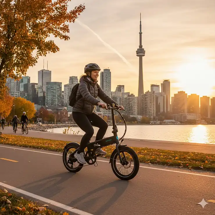 A person commuting with an ultra compact folding ebike near the CN Tower in Toronto, showcasing portable urban transportation in Canada.