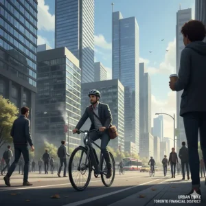 A commuter riding an urban ebike past the Financial District skyscrapers in downtown Toronto during rush hour.