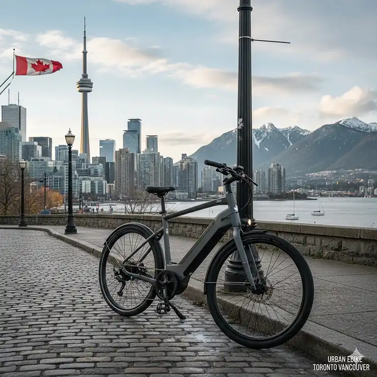 A modern urban ebike parked on a city street with the Toronto CN Tower and Vancouver mountains visible in a composite lifestyle shot for Canadian riders. urban ebike toronto vancouver