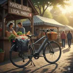 Illustration of a commuter ebike with waterproof panniers parked outside a Canadian local market.