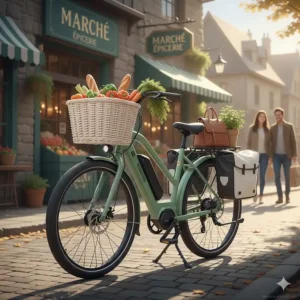 An illustration of a versatile low-step ebike for women featuring a basket and panniers for local grocery trips.