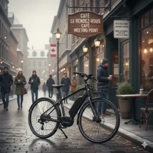 An illustration of a city electric bike parked near a shop with bilingual English and French signage in Canada.