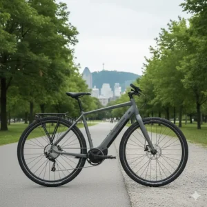 A sleek hybrid ebike (vélo électrique hybride) parked near a park trail in Montreal, Quebec.