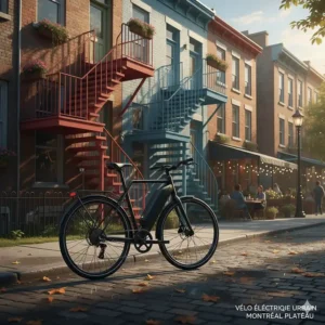 A stylish urban ebike leaned against a colorful row house with an outdoor staircase in Montreal’s Plateau neighborhood.