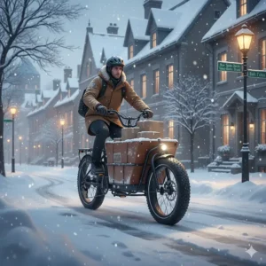 A winter-ready cargo electric bike with fat tires navigating a snowy street in a Canadian city like Montreal or Ottawa.