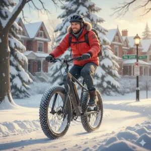 A Canadian cyclist riding a city electric bike equipped with winter tires on a snowy path.