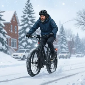 An ebike with fat tires navigating a snowy Canadian bike lane in winter.