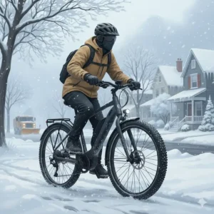 Illustration of a commuter ebike equipped with studded tires for navigating snowy Canadian winters safely.