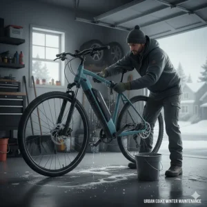 An illustration showing how to clean road salt and slush off an urban ebike to prevent corrosion in Canadian winters.