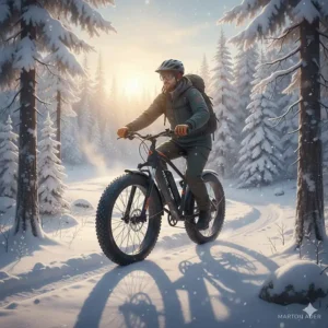 A fat-tire electric bike equipped for Canadian winter riding on a snowy path, showcasing durable electric bike brands in Canada.