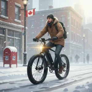 A commuter riding a hybrid electric bike through a snowy Canadian city street equipped with fat tires for winter traction.