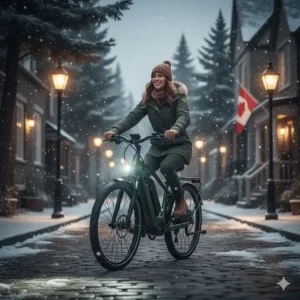A woman riding a winter-ready low-step ebike equipped for Canadian weather with fenders and integrated lights.