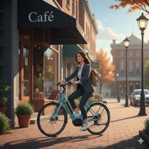 An illustration of a woman commuting to work on a low-step electric bike in an urban Canadian neighborhood.