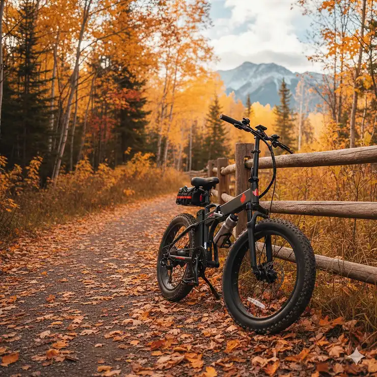 A versatile 20x4 fat tire e-bike folding model parked on a scenic Canadian trail with autumn maple trees in the background.