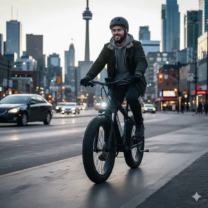 A commuter riding a 26x4 fat tire electric bike past a Canadian city skyline, highlighting year-round versatility.