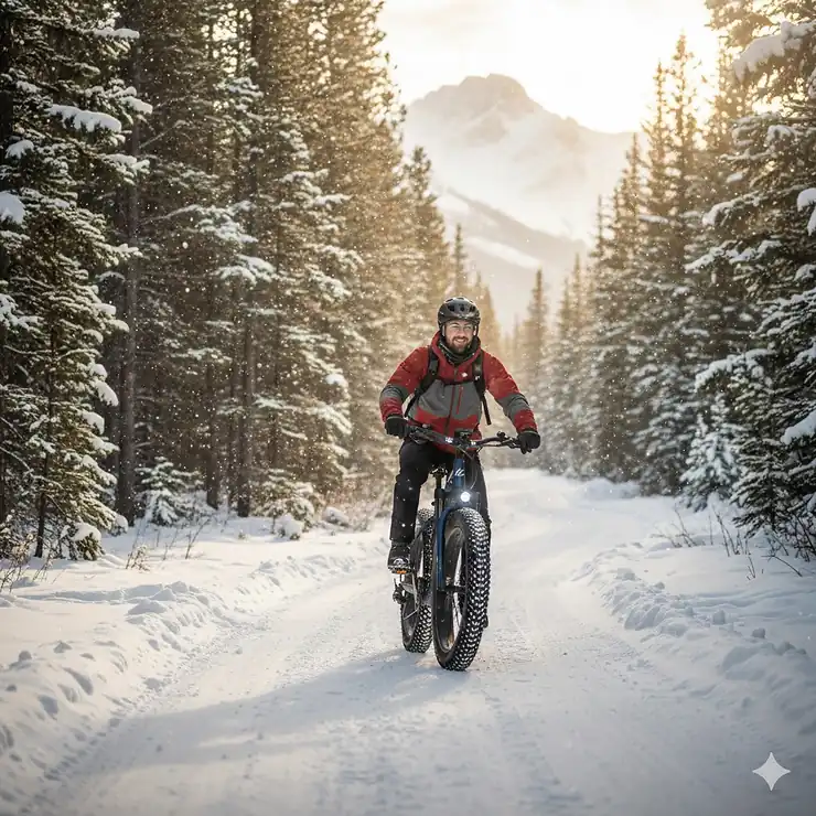 A rider navigating a 26x4 fat tire electric bike through a snowy pine forest in Alberta, Canada, showcasing high-traction tires.