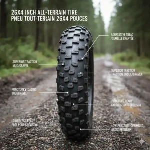 Technical diagram of 26x4 inch all-terrain tires designed for stability on Canadian mud and gravel paths.