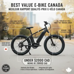An infographic highlighting the best value fat tire electric bike features available for under $2000 CAD.