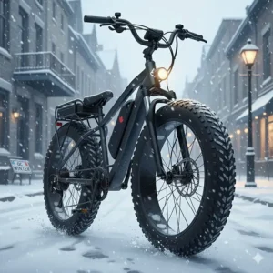 Close-up of fat tires on an all-season electric bike navigating a light dusting of snow on a Montreal street.