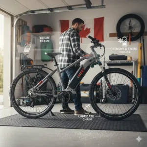 A diagram showing how to clean and store an all-season electric bike to prevent salt corrosion after a Canadian winter ride.